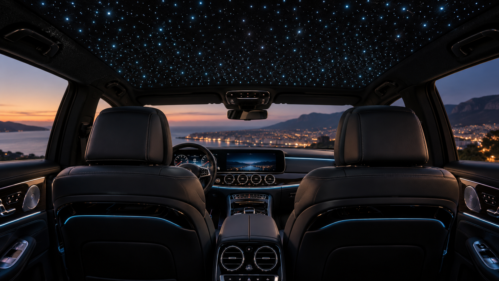 Concept car interior with a starlight ceiling and illuminated dashboard